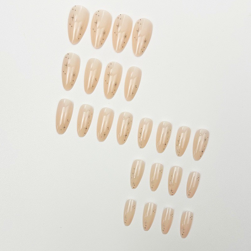 48PCS Long Almond Nail Press, Reusable Bare Pink, Sparkling Fake Nails