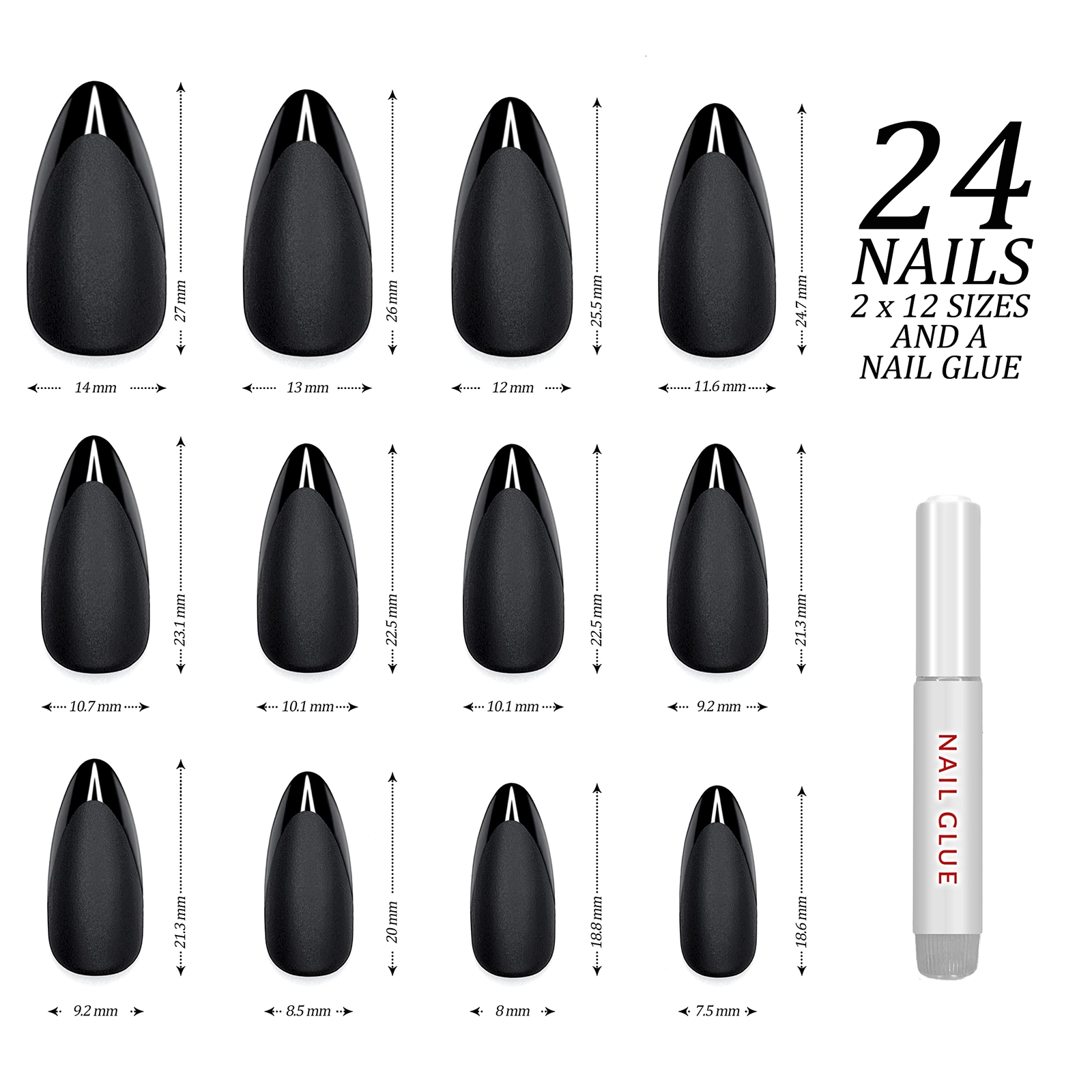 Caviar Almond Press-On Nails 24-Piece Black Matte with Glossy French Tip Glue