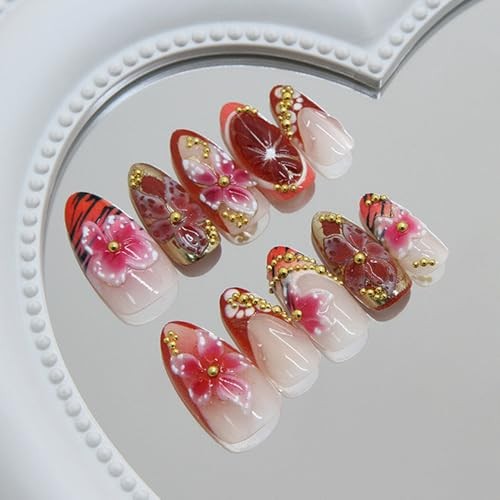 Almond Press on Nails – Medium 3D French Fake Nails – Gold Curve Line