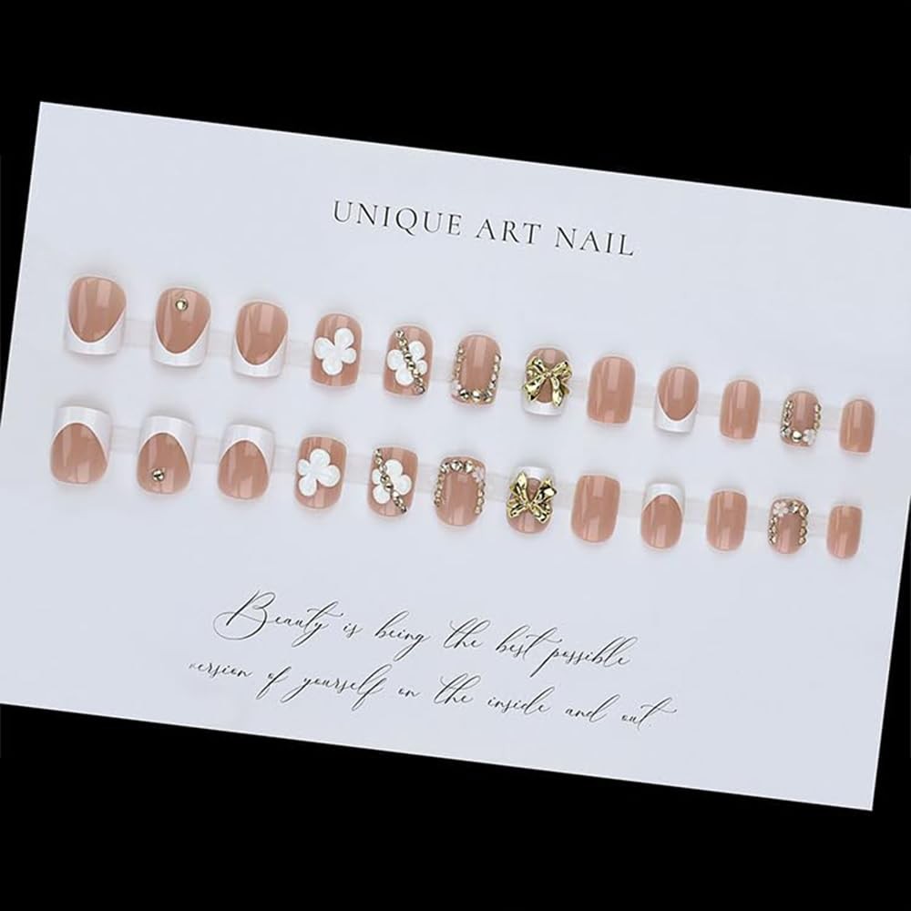 French Tip Press on Nails Short Square Fake Nails with Gold Butterfly Rhinest…