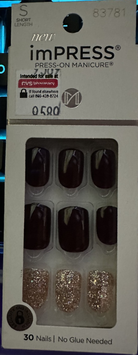 Kiss Impress! Nails Gel Glue/Press on Short Deep Red Gold Glitter accent Gloss