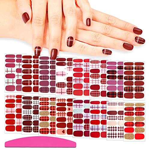 16 Sheets Red Plaid Nail Polish Strips for Women Nail Stickers Red Plaid Style