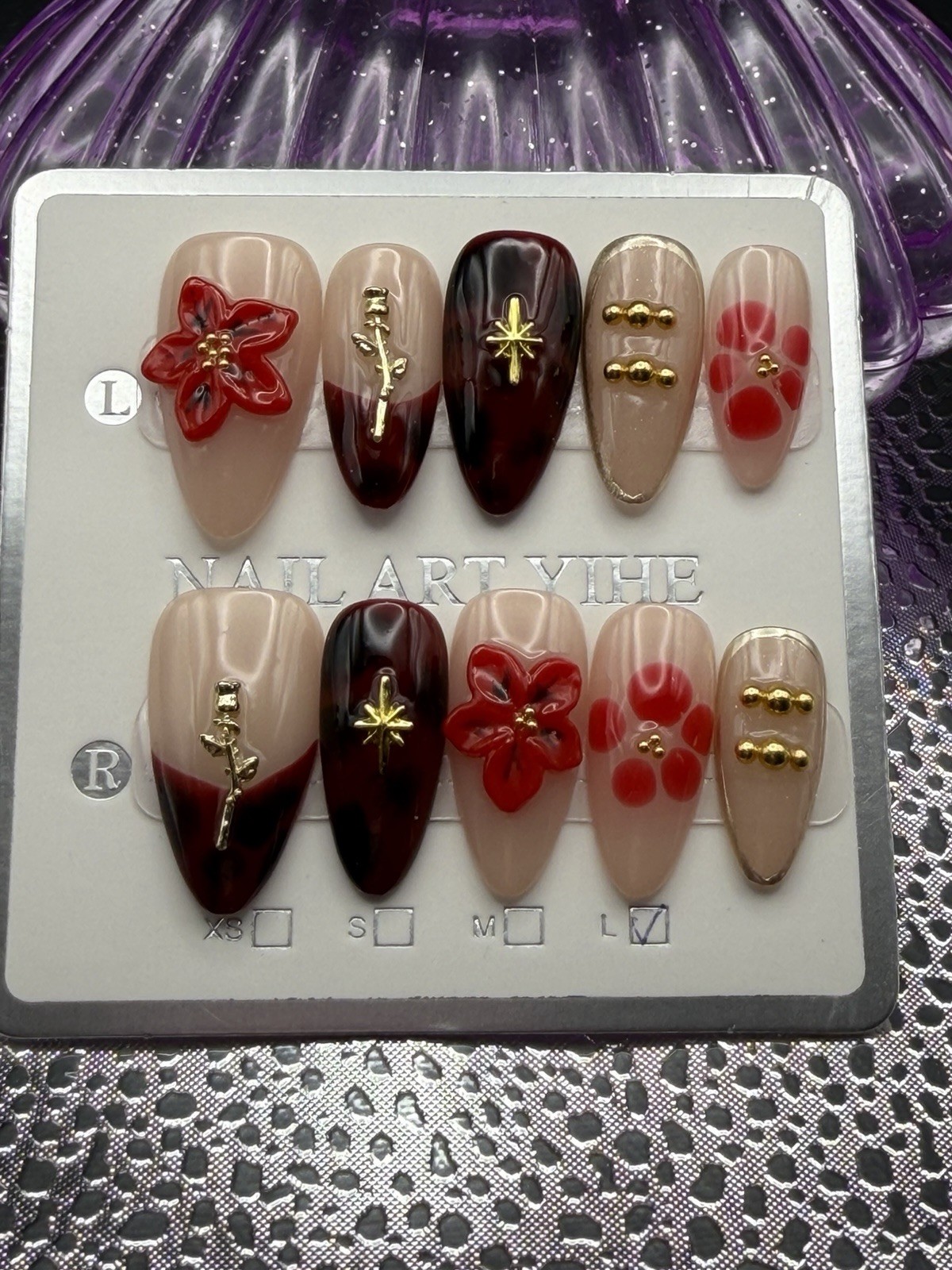 10 Pcs Handmade Medium Almond Nude Red Tortoiseshell Nails w 3D Flower Gold Sz L