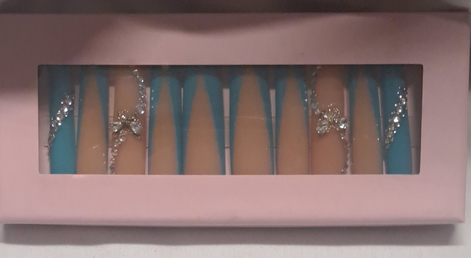 Handmade Acrylic Press On Nails Tapered Square Blue Nude Butterfly Rhinestones