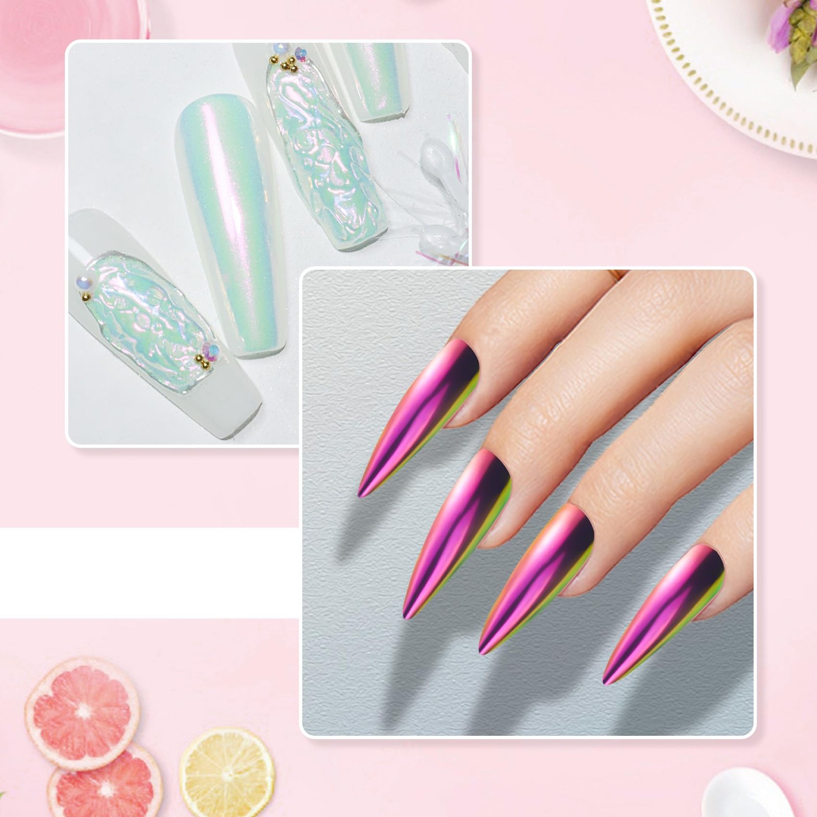 Chrome Nail Powder Kit – 2 Jar Mirror Effect Metallic Holographic Aurora Merm…