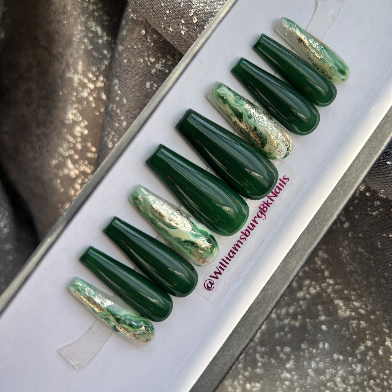 ✨ORIGINAL LUXURY Gel Press On Nails, Green Gold Flakes Coffin, 10p W/ kit MED