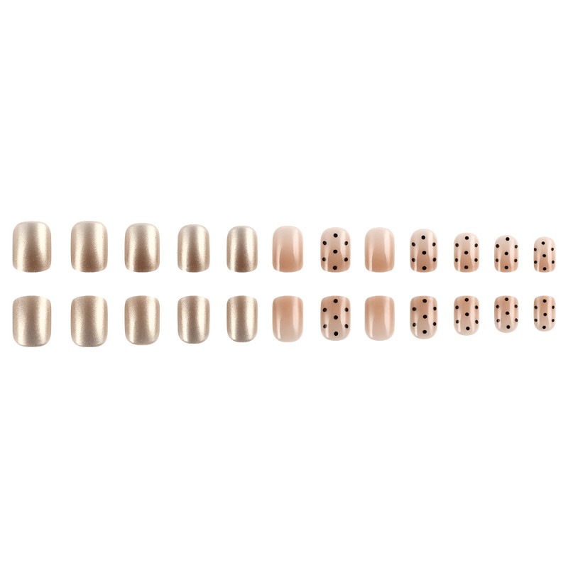 48Pcs Short Square Nude Gold Press on Nails Polka Dot Elegant Daily Casual Wear