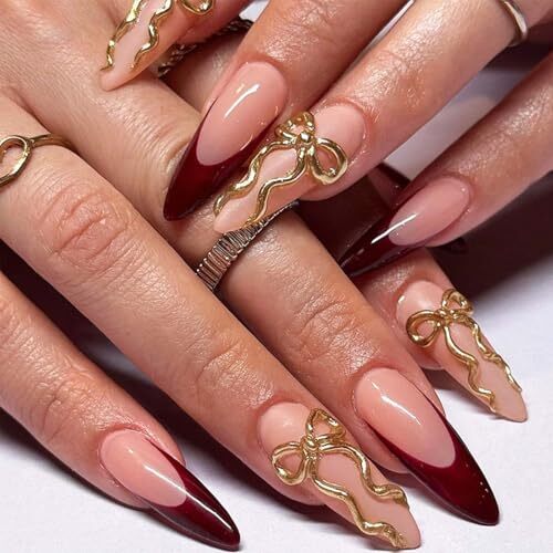 French Tip Press on Nails Long Fake Nails Stiletto False Nails with Almond HS05