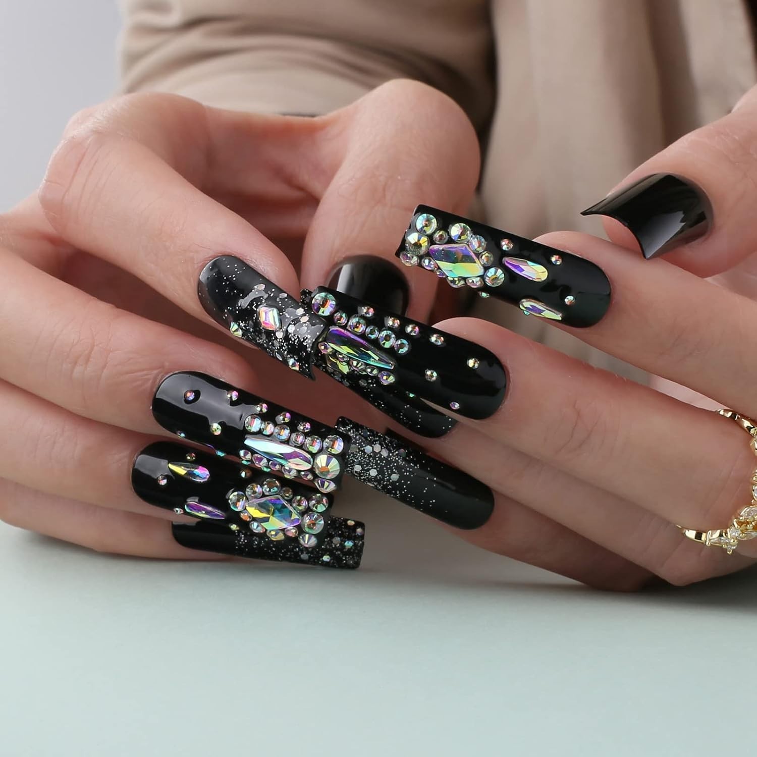 Comfortable Long Square Black Glitter Nails – Effortless Glam for Every Occasion