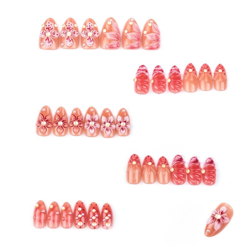 Press on Nail – Pink Cherry Blossoms, Medium To Long Almond Nails, 30 Piece Set