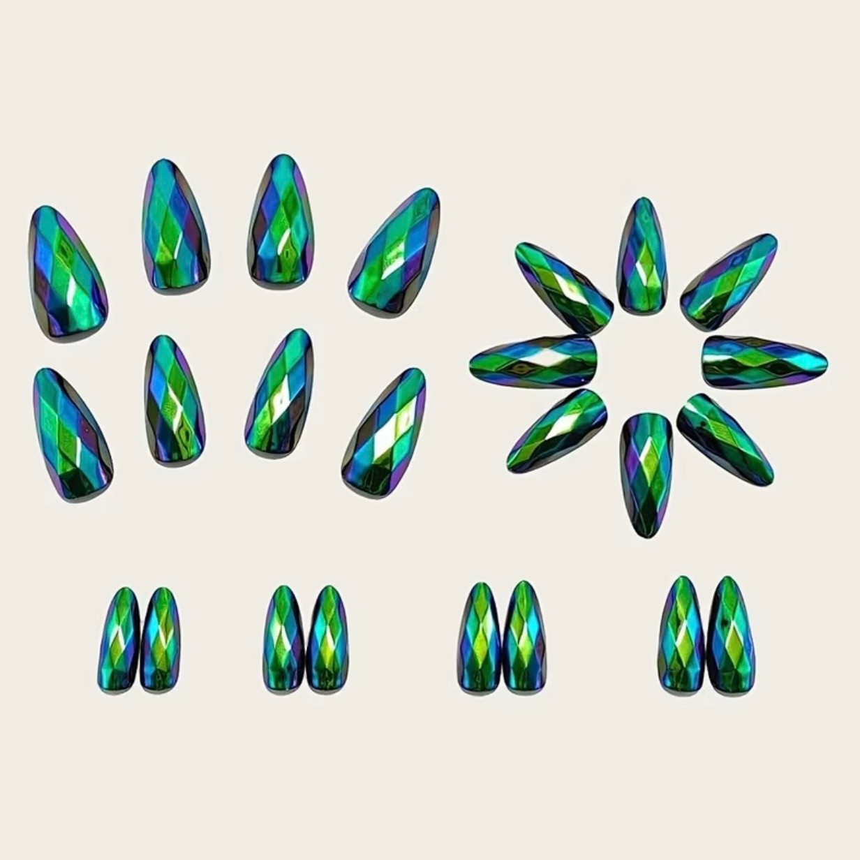 New! 24 3D Chrome Green & Purple Iridescent Long Length Almond Press on Nails