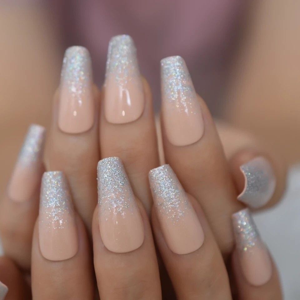 24 Peach Nude Ombre glitter Press on nails with glue long coffin iridescent