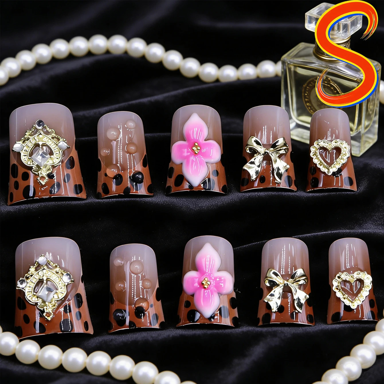 Leopard Print Nude Fake Nails 10PCS Short Square Diamond French Pointed Nails