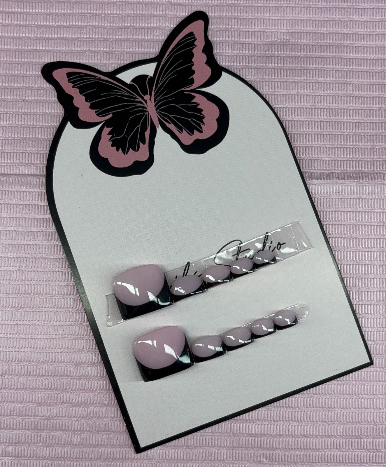 press on toenails pink nude black French tips handmade custom gel
