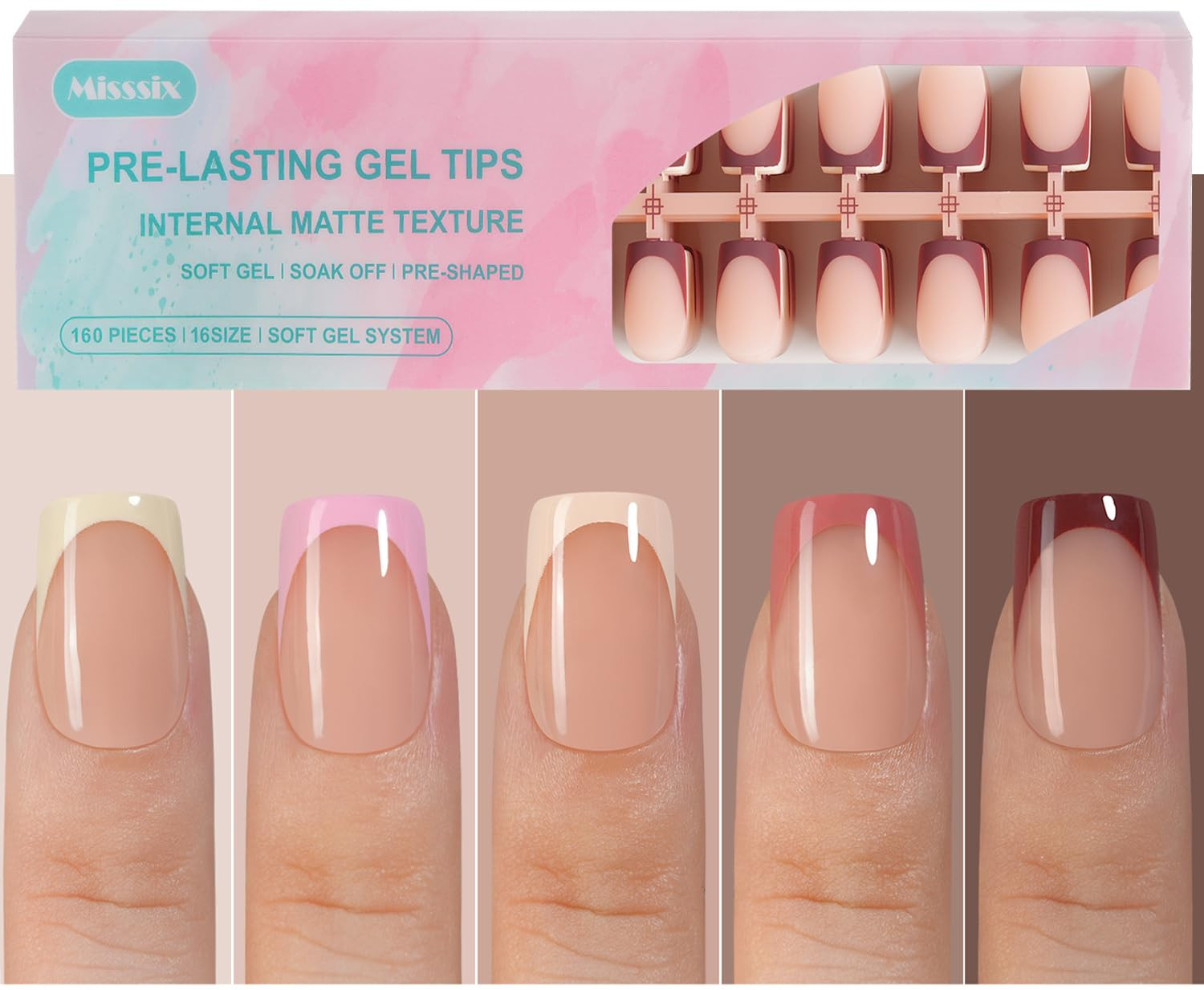 Misssix French Gel Nail Tips, 160Pcs French Tip Press on Nails Short Square, No