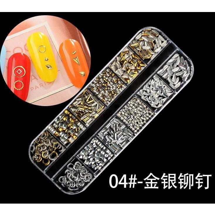 12-Grid Box Mixed Nail Charms, Iridescent Pearls Metal Chains for Acrylic Nails
