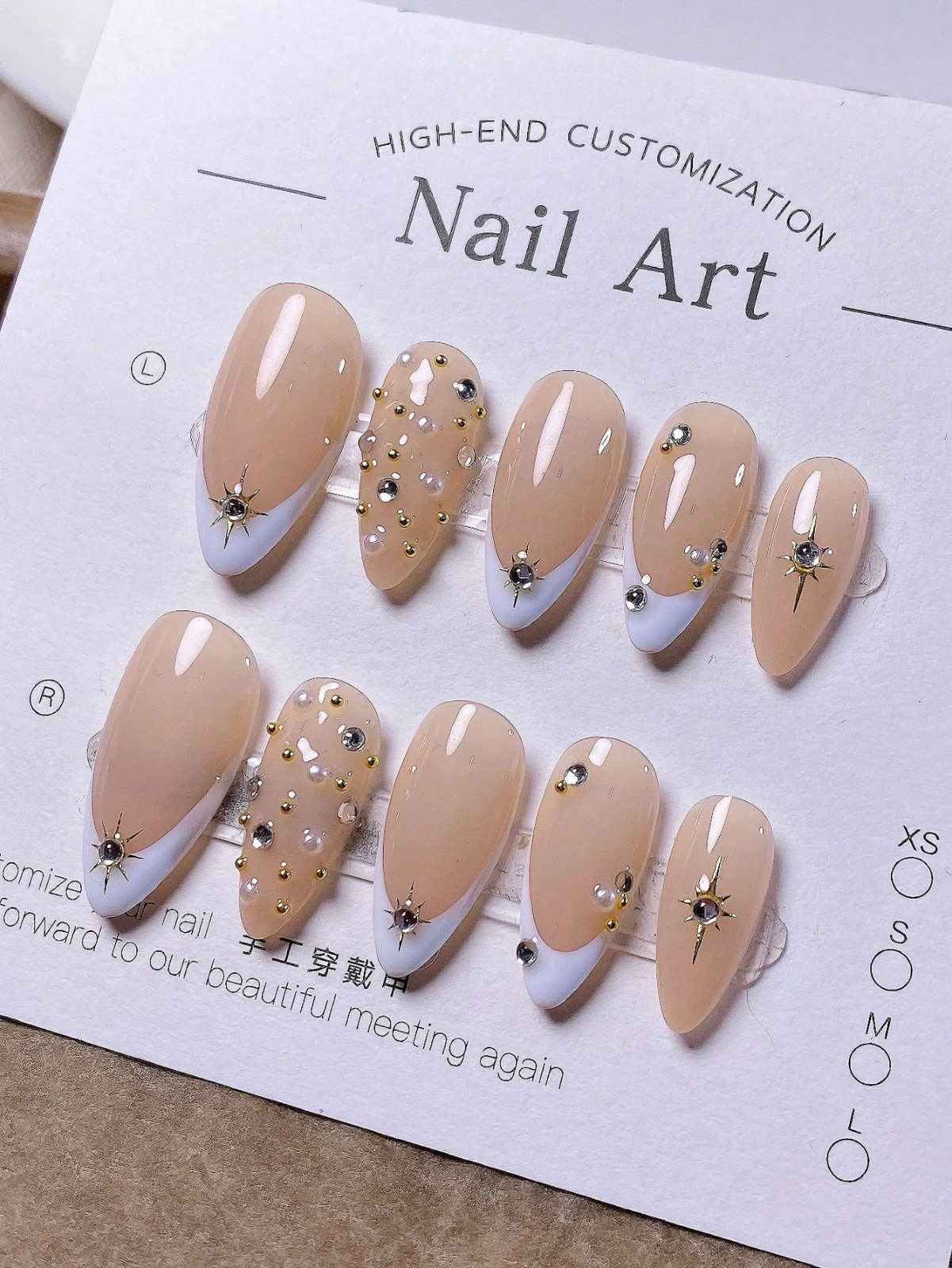 10PCS Handmade Almond Press On Nails White French Pearl Rhinestone Star Nail Tip