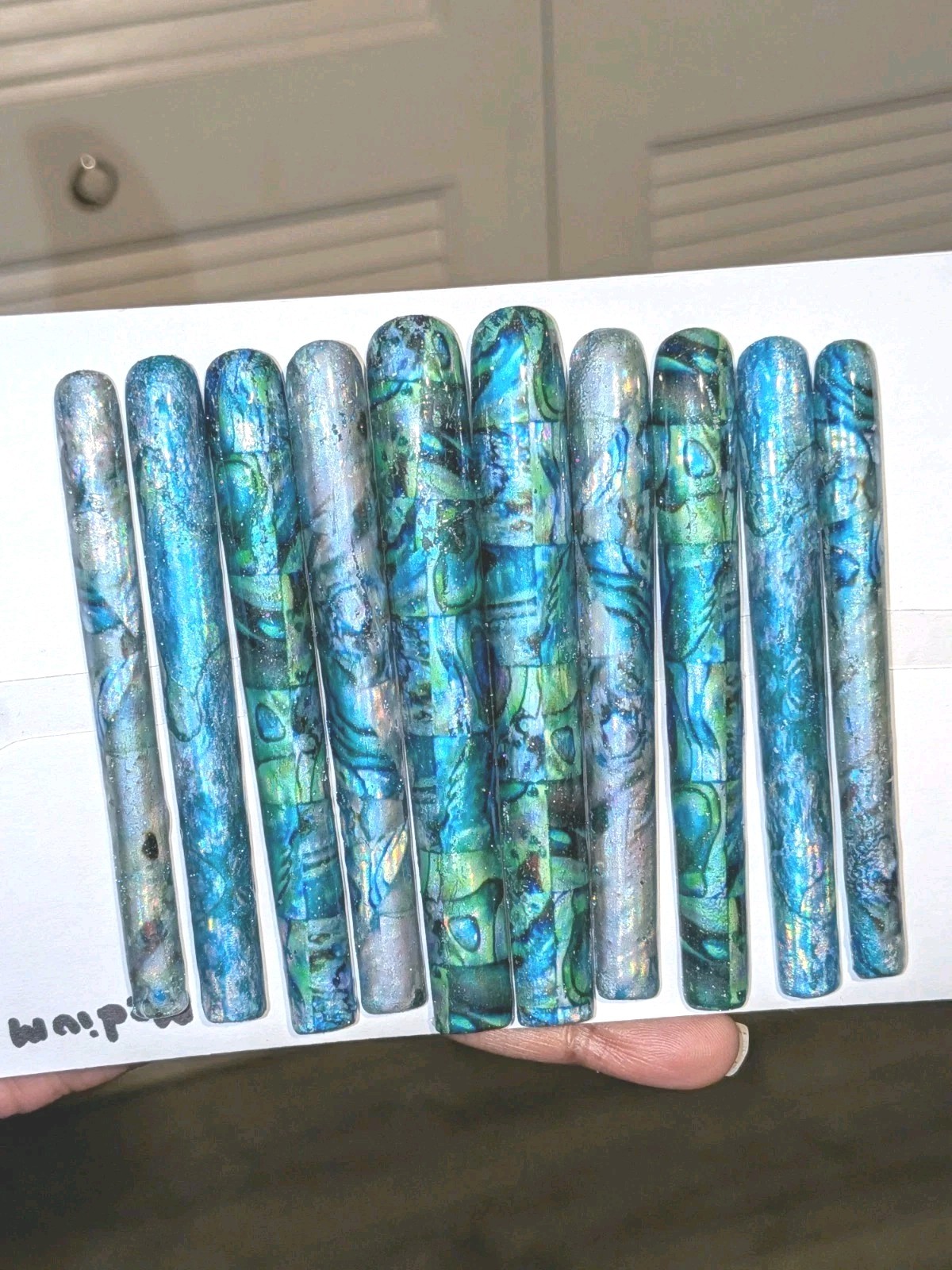 Hand Crafted 6Xl Acrylic Teal and Blue Marble Long Press-On Nails Sz Medium
