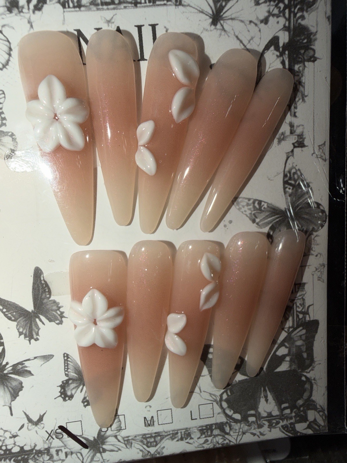 3 Sets X-SMALL Long Coffin 3D Full Cover Press-On Nails Floral Pink/Nude