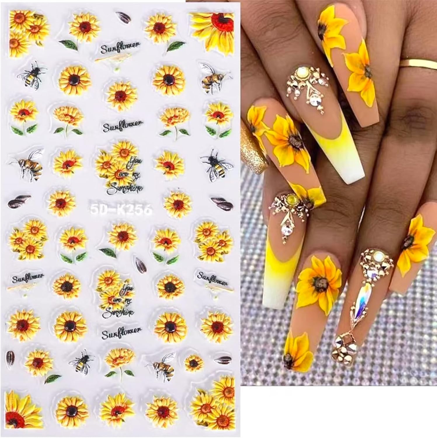 5D Embossed Sunflower Nail Art Stickers Self-Adhesive Flower Nail Decals Engrave