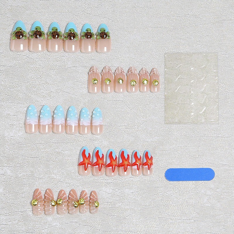 48Pcs-Long Almond Nude Blue Ocean Starfish Turtle Shell Press on Nails