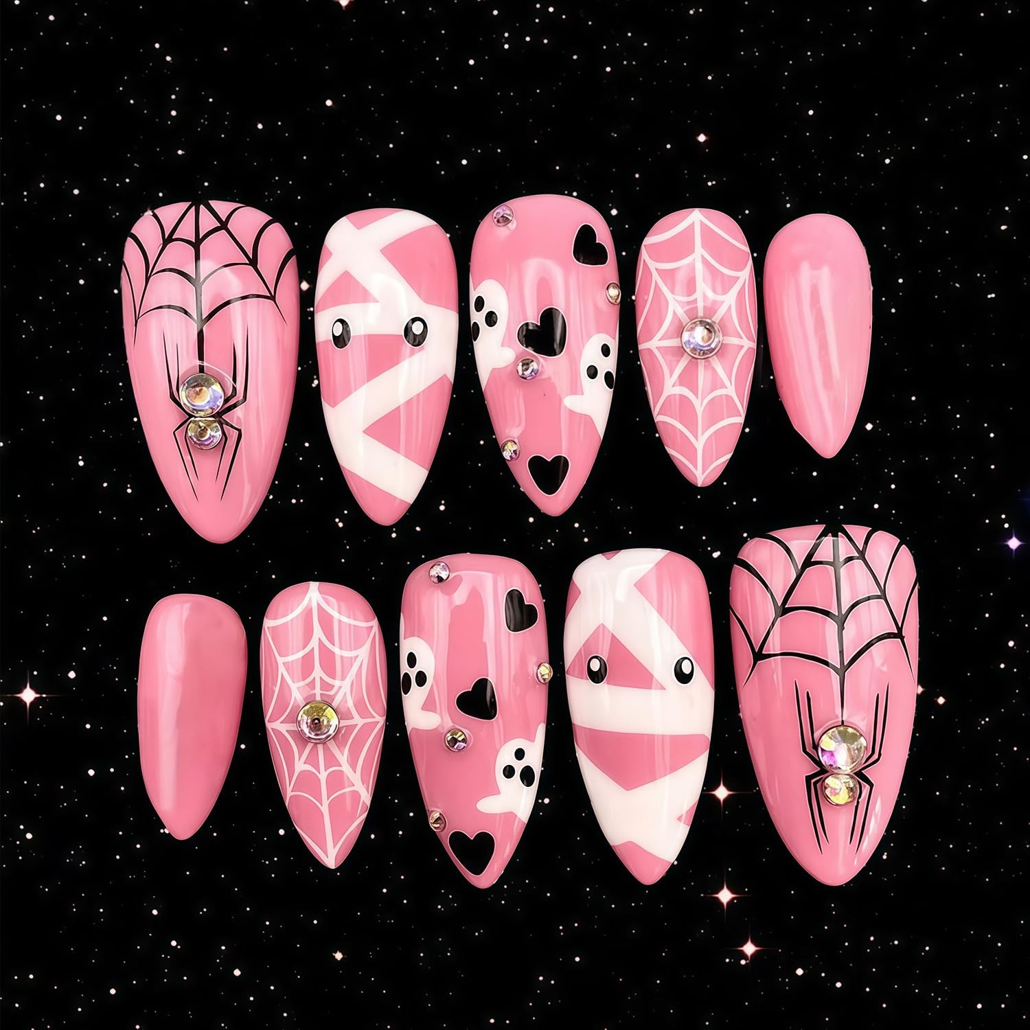 24Pcs Halloween Press on Nails Cute Ghost Fake 4in*3in*0.06ib, Multicolor
