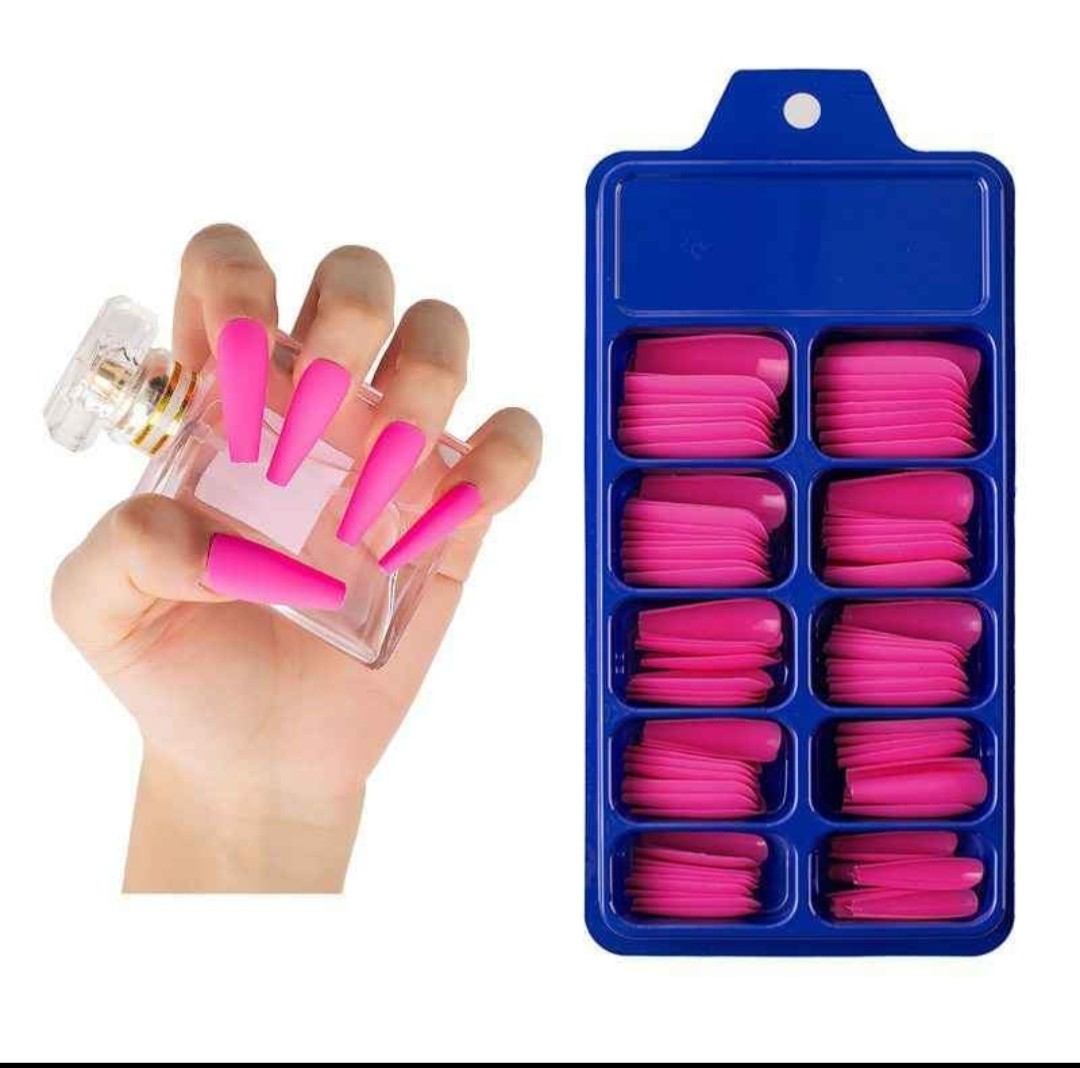 Pink Matte Long Coffin Full Cover Nail Tips, Plastic Solid Color for Finger