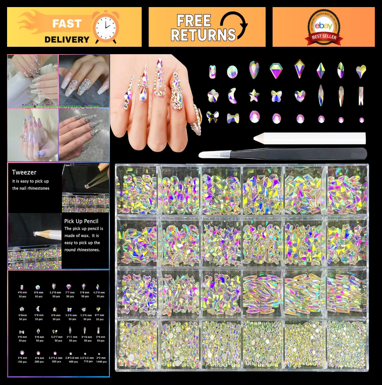 18 Types Nail Rhinestones Kit – 900 AB Diamonds & 3200 Flat-Bottom Gems for DIY