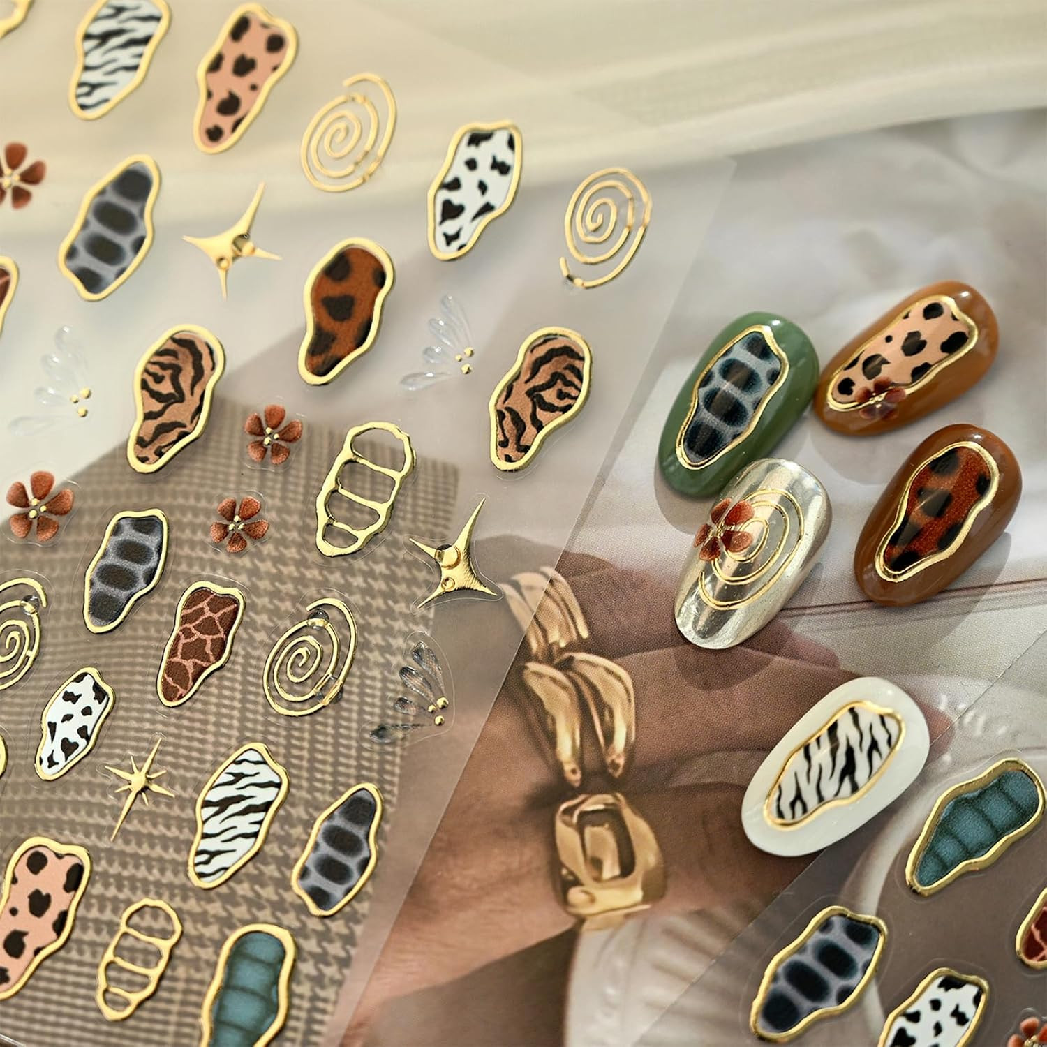 Leopard Print Nail Art Stickers 5D Embossed Retro Gold Nail Decals Self-Adhesive