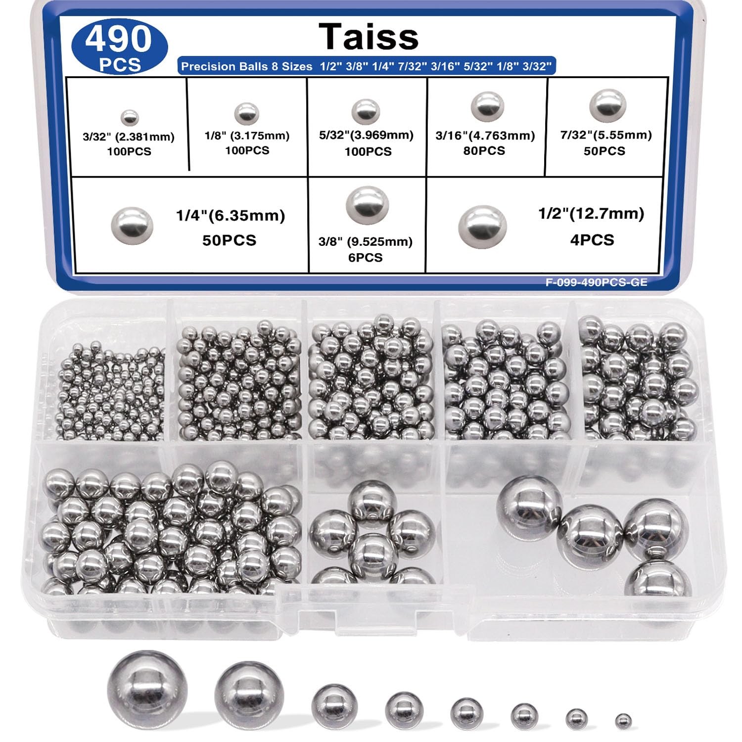 490PCS Precision Balls 8 Sizes,Bicycle Bearing Balls 1/2″ 3/8″ 1/4″ 7/32″ 3/1…