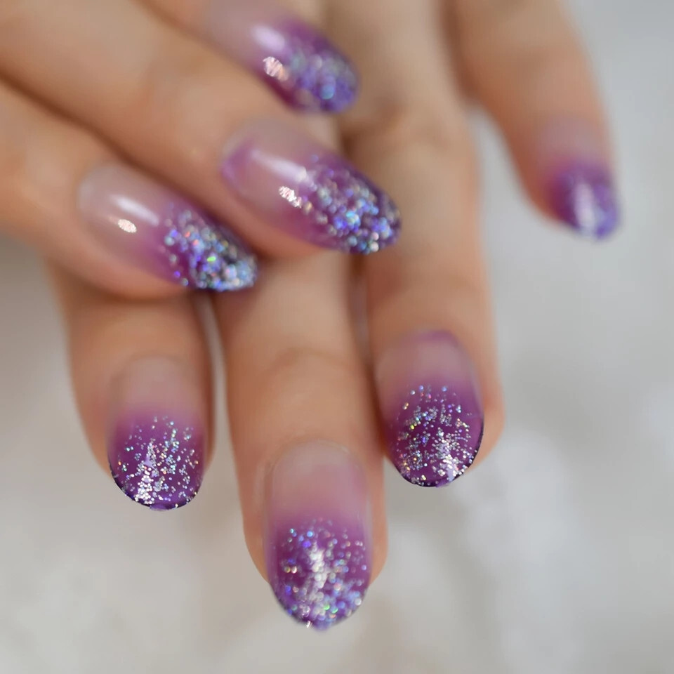 24 Medium Press on Nails kit glue on grape jelly ombre glitter clear