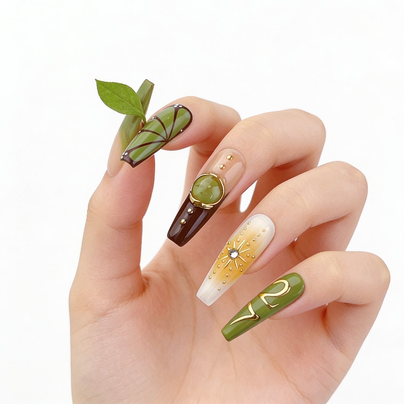 Long Coffin Tropical Jungle Press-On Nails with Gold & Amber Accents handmade