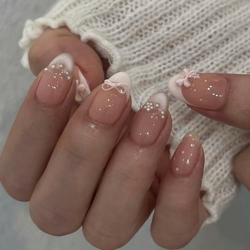 24pcs White French Tip Press on Nails Short Almond Fake Nails with Pink Bow -6
