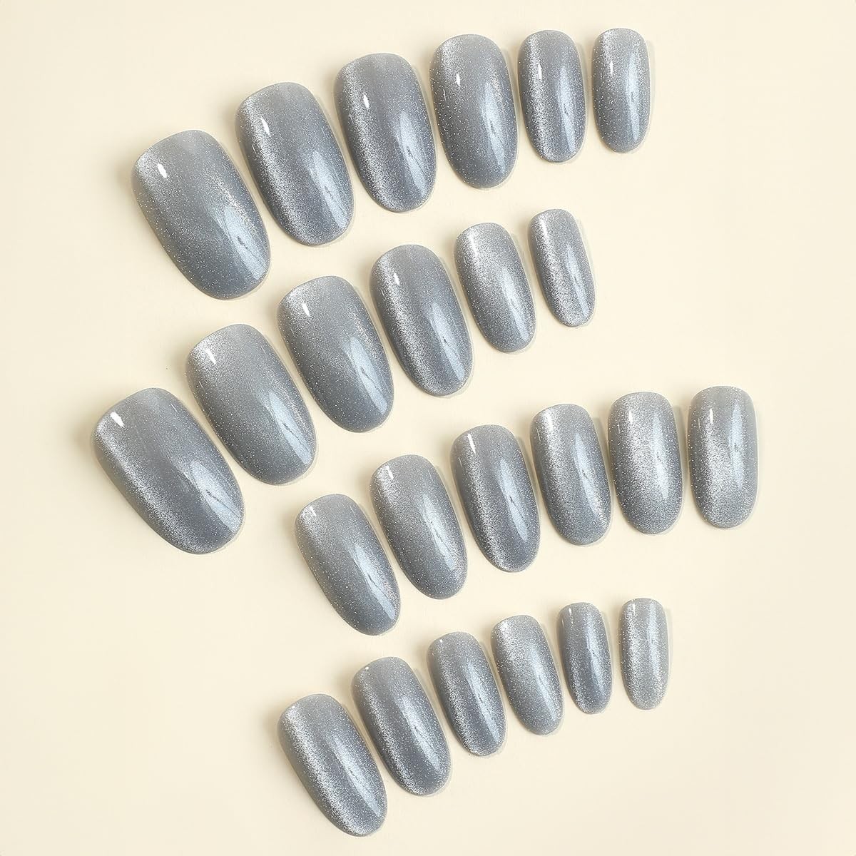 Gray Cat Eye Press On Nails Short Oval Fake Nails Solid Color Design Nails Pr…