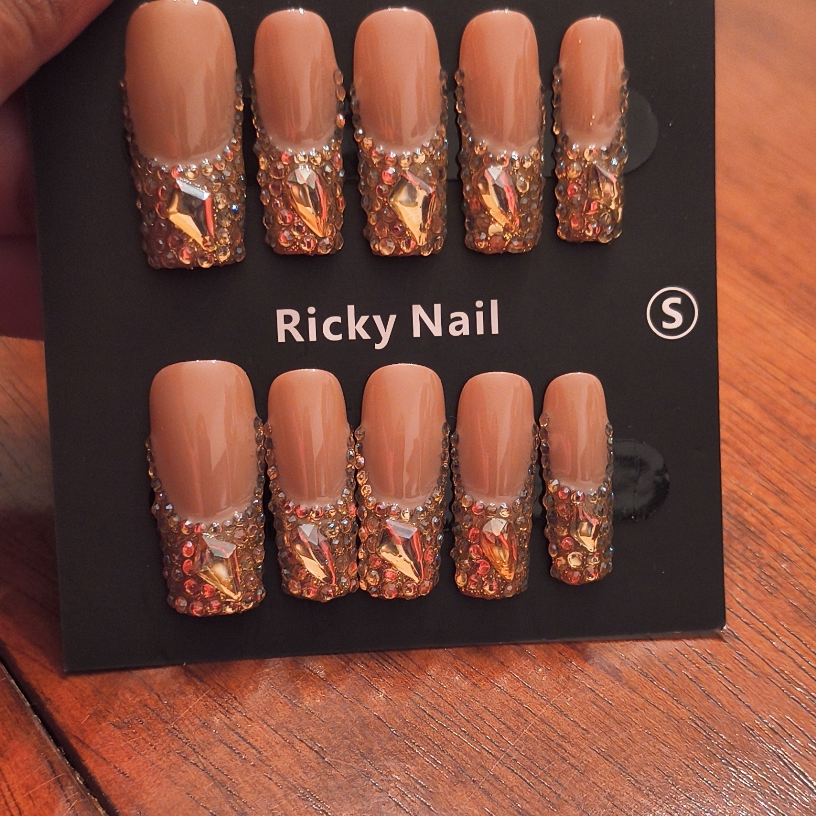 Ricky Nail Press-On Nails Medium Square Brown Gold Rhinestone Full Cover Shiny