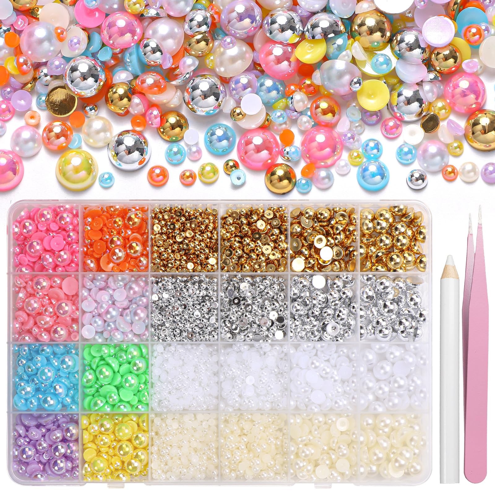 9000Pcs Flatback Pearls for Crafting, Gold Silver White Beige Nail Half Pearl…