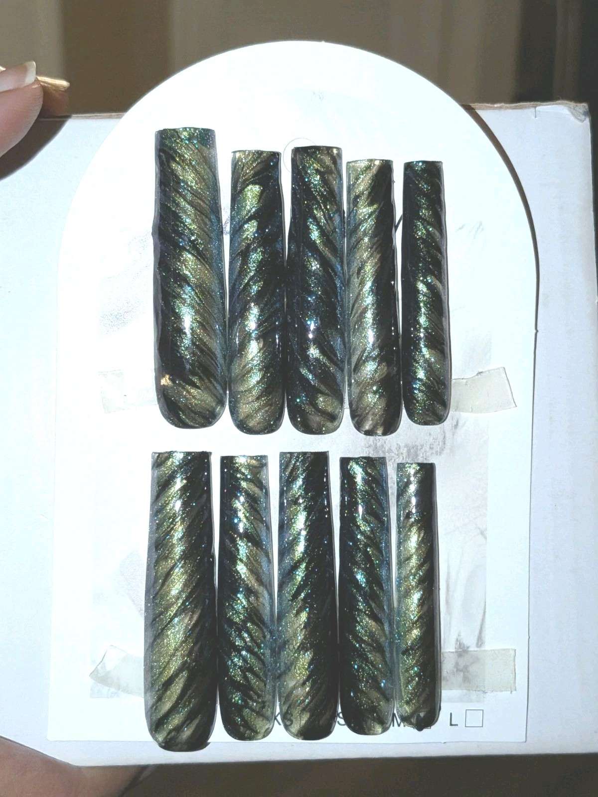 Hand crafted Black/Green custom cateye 10pc 3xl acrylic press on nails sz Medium