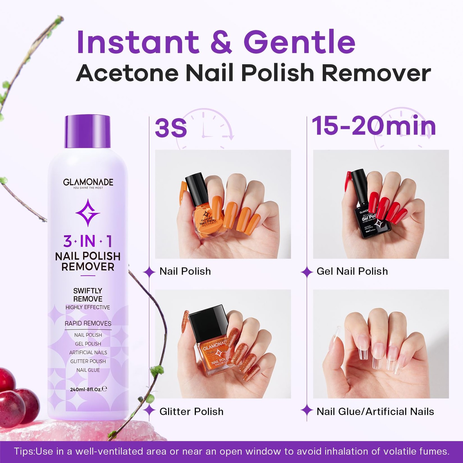 Glamonade Acetone Nail Polish Remover: A1-8 Ounce (Pack of 1), 8 Oz+Grape
