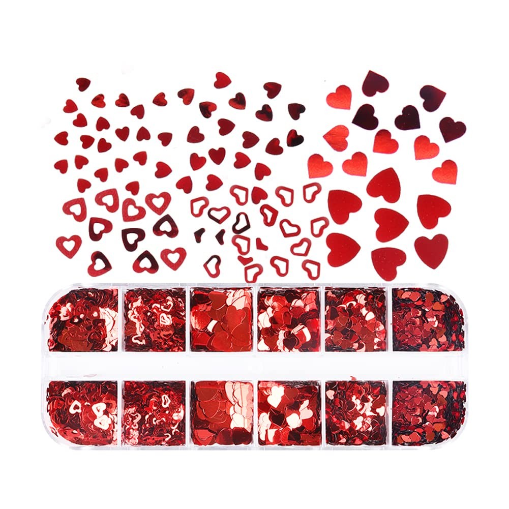 12 Grids Valentines 3D Heart Nail Glitter Sequins for Nail Art Decoration