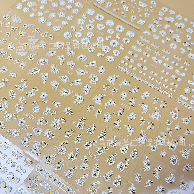 10sheets White Lace Daisy Flower Gold Rhinestones Nail Art Stickers Decor XF