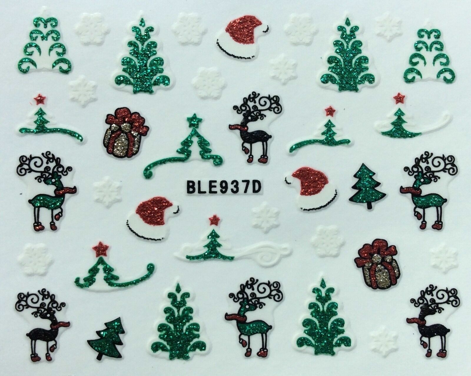 Nail Art 3D Glitter Decal Stickers Christmas Tree Reindeer Santa Hat BLE937D