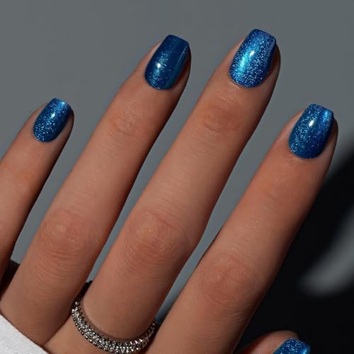 Cat Eye Press On Nails Short – 30 Pcs Glitter Royal Blue – Sapphire