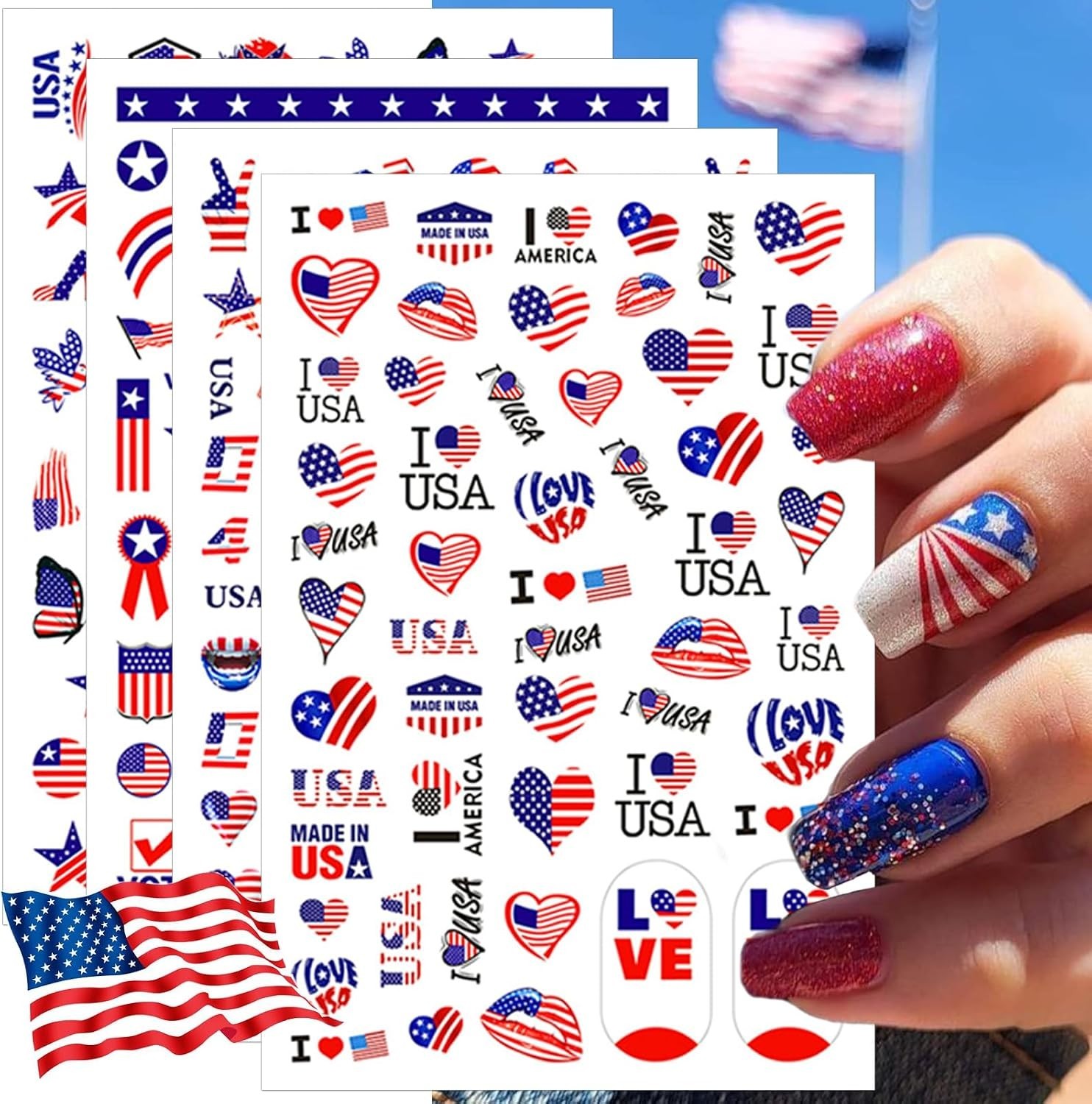 8 Sheets 4th of July Nail Stickers, Independence Day Patriotic Nail Decals, 3…