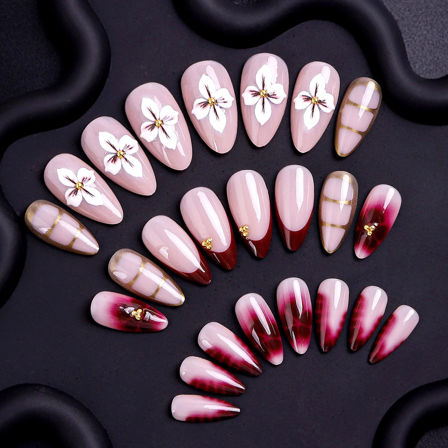 24Pcs Purple Flower Press on Nails Medium Length Almond Fake Nails Cute Flower F