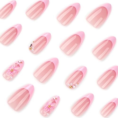 24Pcs French Tip Press on Nails with Charms 3D Pink French Pink Flower Style 6