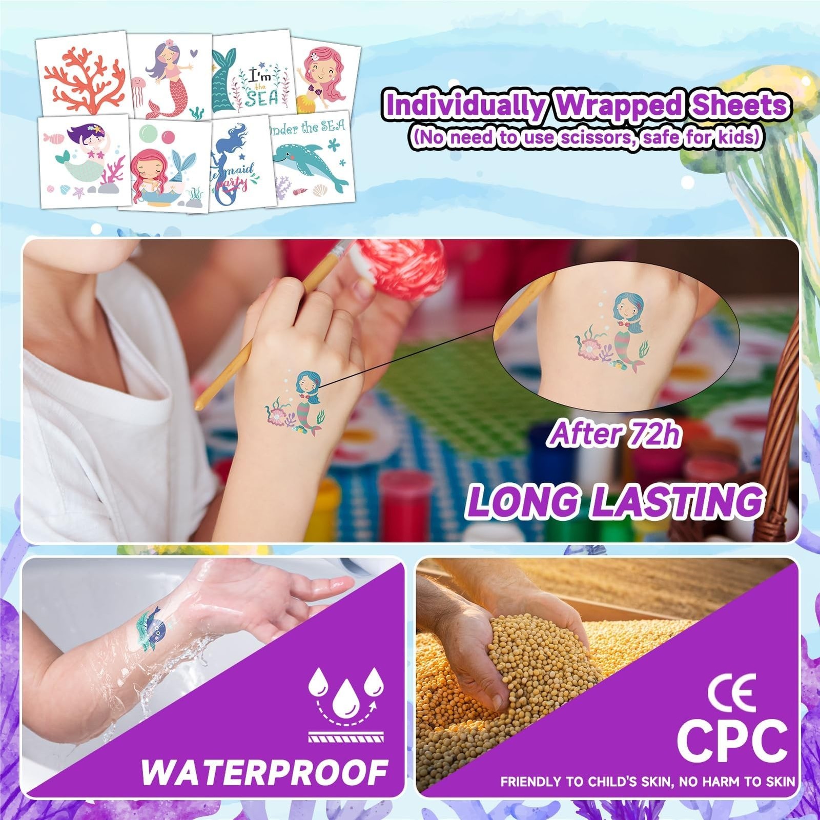 EMOME 50 Sheets Mermaid Tattoos for Kids Girls, Individually Wrapped Temporar…