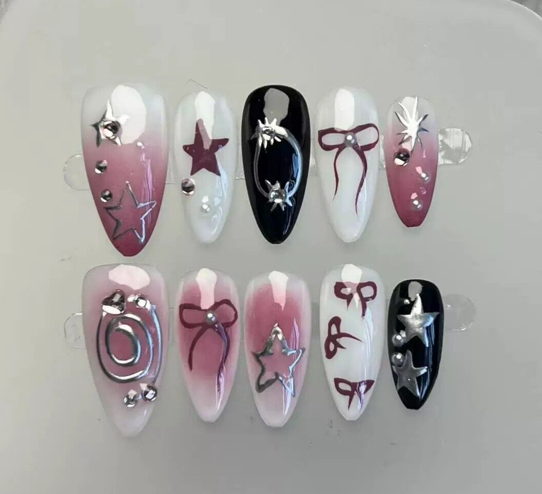 10pcs Handmade White-Pink Butterfly Press On Nail, Medium Almond Shape, Size SML