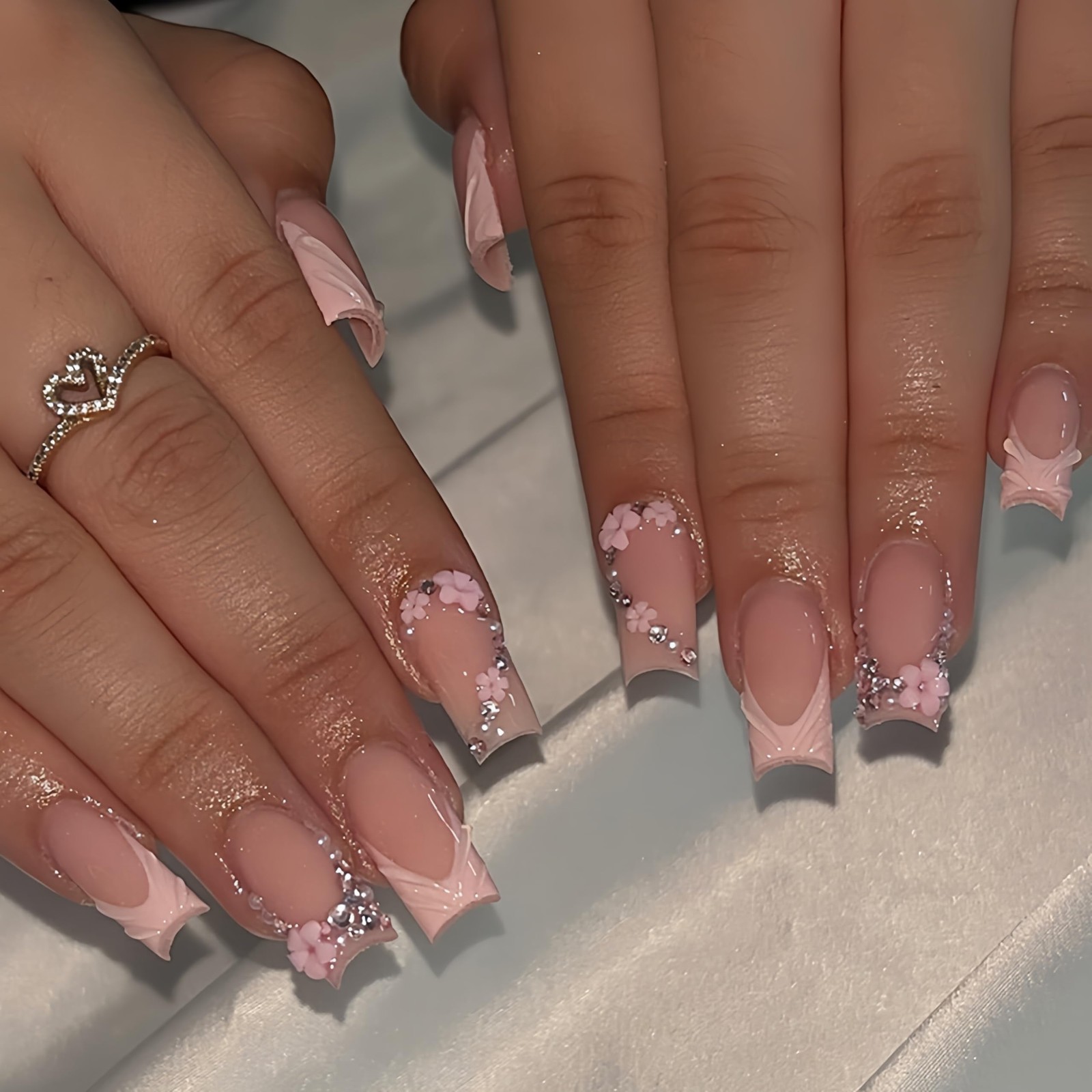 30Pcs Pink 3D French Tip Press on Nails Medium Square Fake Nails with Rhinest…
