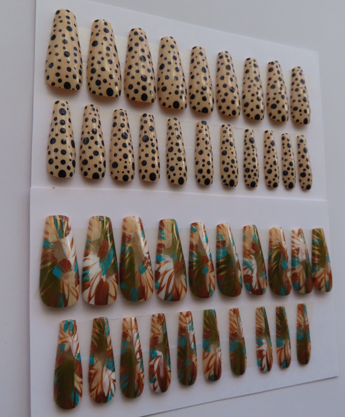 (2) Set Cream Black Polka Dot | White Green Bronze Abstract Coffin Press-On Nail