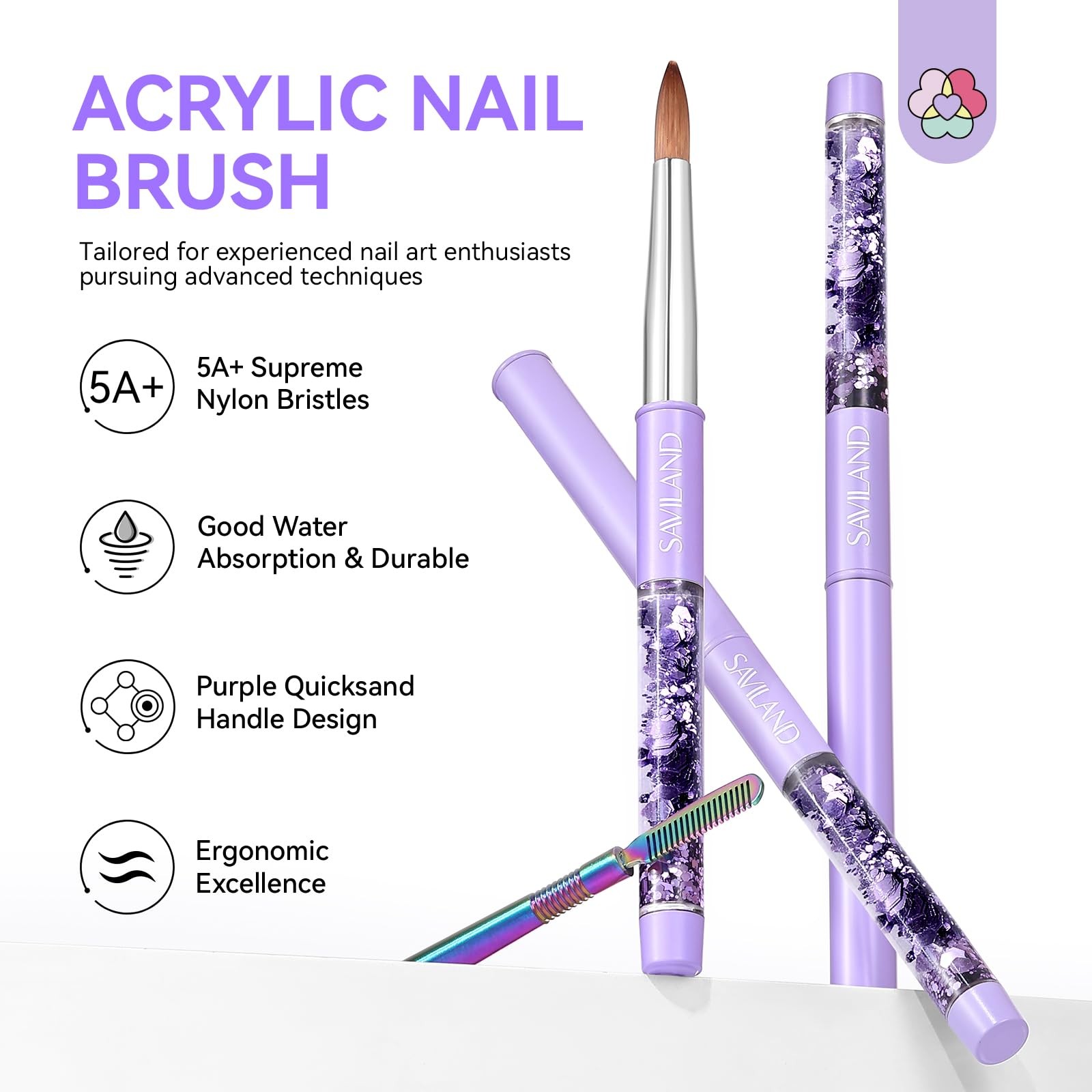 SAVILAND Kolinsky Acrylic Nail Brush 3-Piece Set (Sizes 6, 10, 14), Purple